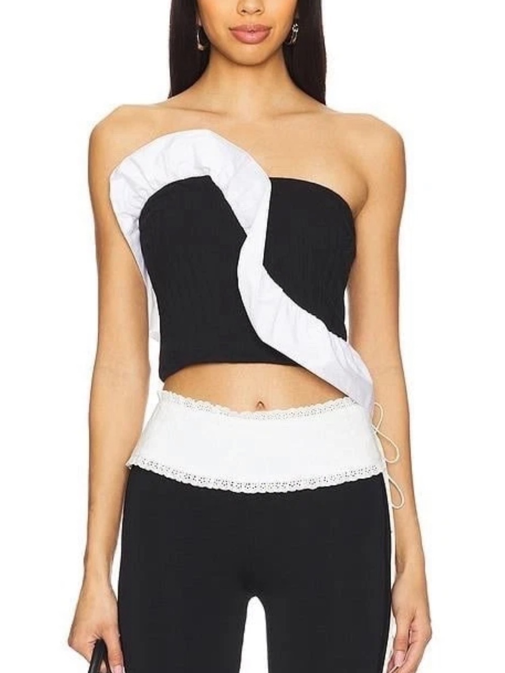Free People Black Knit Strapless Crop Top With White Ruffle Detail